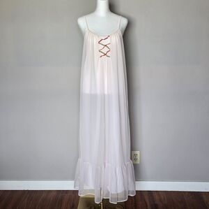 Vtg 1960s Petal Pink Chiffon Overlay Nylon Double Layer Maxi Sheer Nightgown M